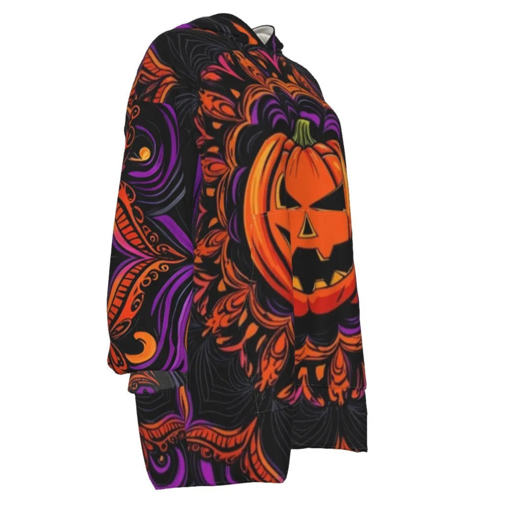 Pumpkin Mandala Magic Sherpa Fleece Hoodie, Halloween Jack-o’-Lantern Cozy Jacket, Spooky Mandala Art, Gothic Fall Apparel