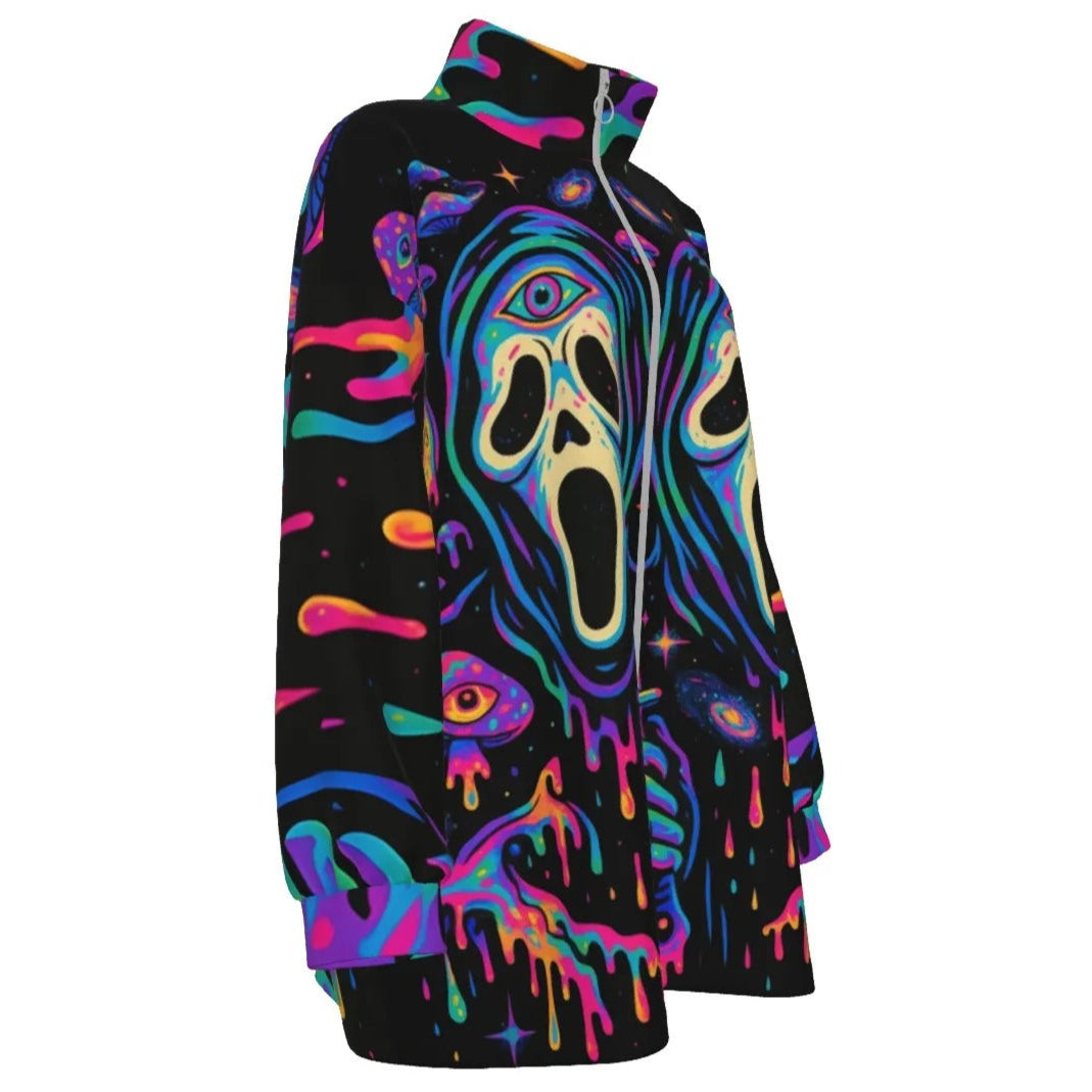 Psychedelic Halloween Mushrooms Women’s Coat, Neon Trippy Mushroom Outerwear, Spooky Halloween Jacket, Horror Festival Fashion
