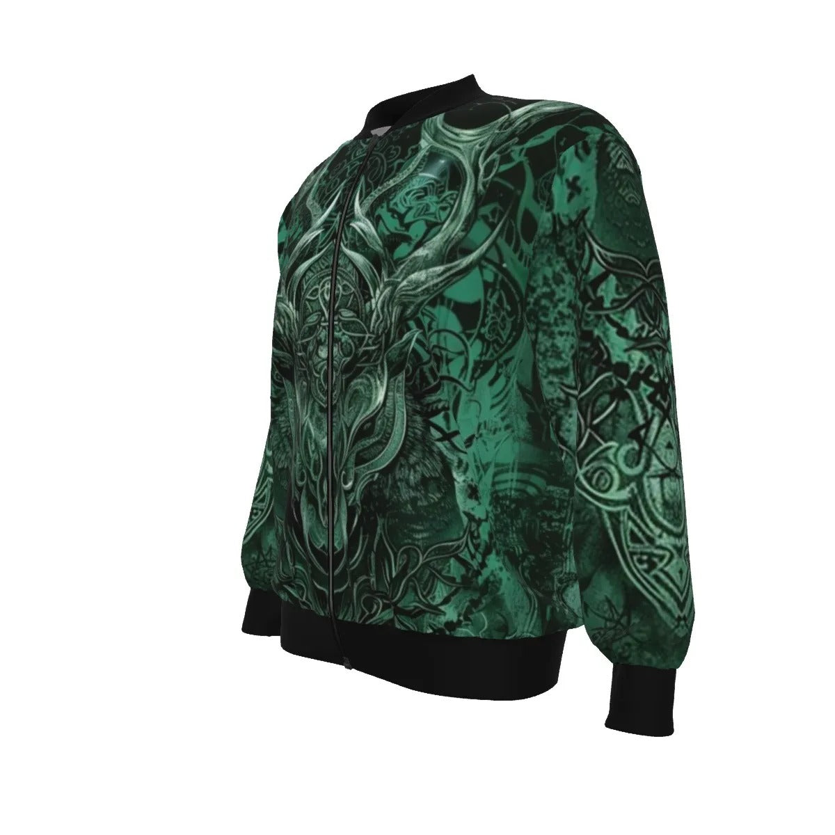 Viking Bomber Jacket, Norse Mythology Wolf Design, Viking Spirit Jacket, Fantasy Streetwear, Skull and Antler Graphic Jacket