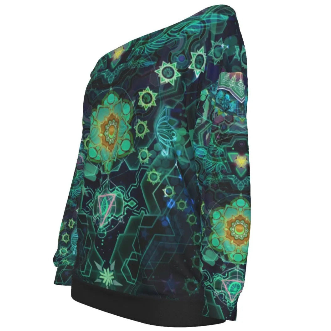 Yantric Geometry Off-Shoulder, Sacred Mandala Energy Coats, Mystic Geometric Light Off-Shoulder, Vibrant Spiritual Pattern Off-Shoulder, Celestial Yantra Off-Shoulder