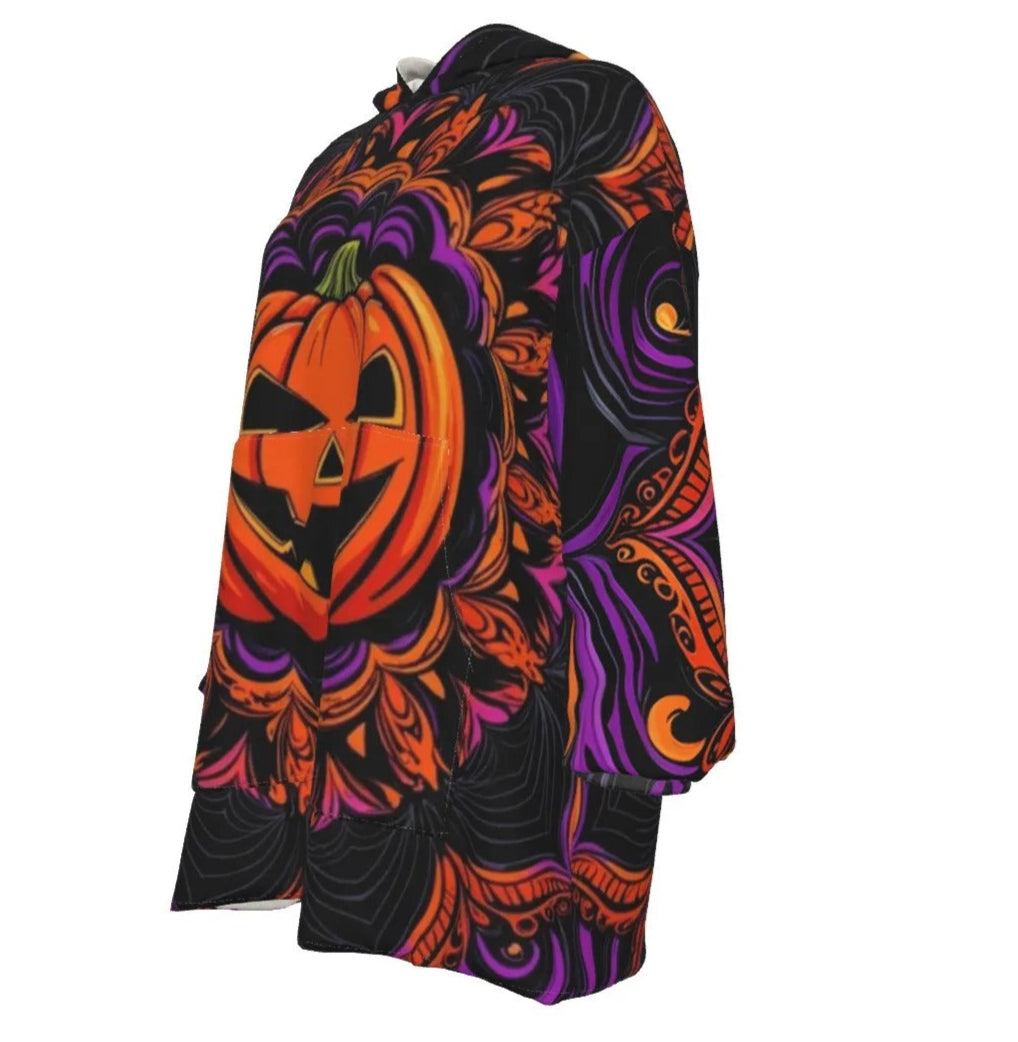 Pumpkin Mandala Magic Sherpa Fleece Hoodie, Couples Halloween Costumes, Halloween Costume Ideas Jack-o’-Lantern Cozy Jacket, Spooky Mandala Art