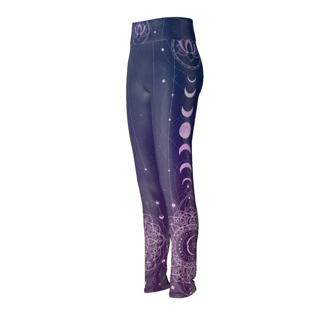 Mystic Lunar Mandala Leggings, Moon Phase Spiritual Yoga Pants, Celestial Lotus Activewear, Sacred Geometry Cosmic Tights, Boho Mystic Style