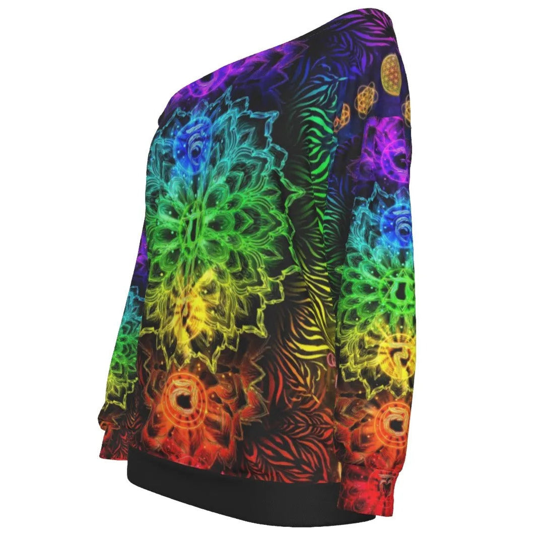 Sacred Chakra Mandala Off-Shoulder, Vibrant Rainbow Energy Healing Off-Shoulder, Spiritual Energy Symbol, Colorful Sacred Geometry Off-Shoulder, Mandala Off-Shoulder