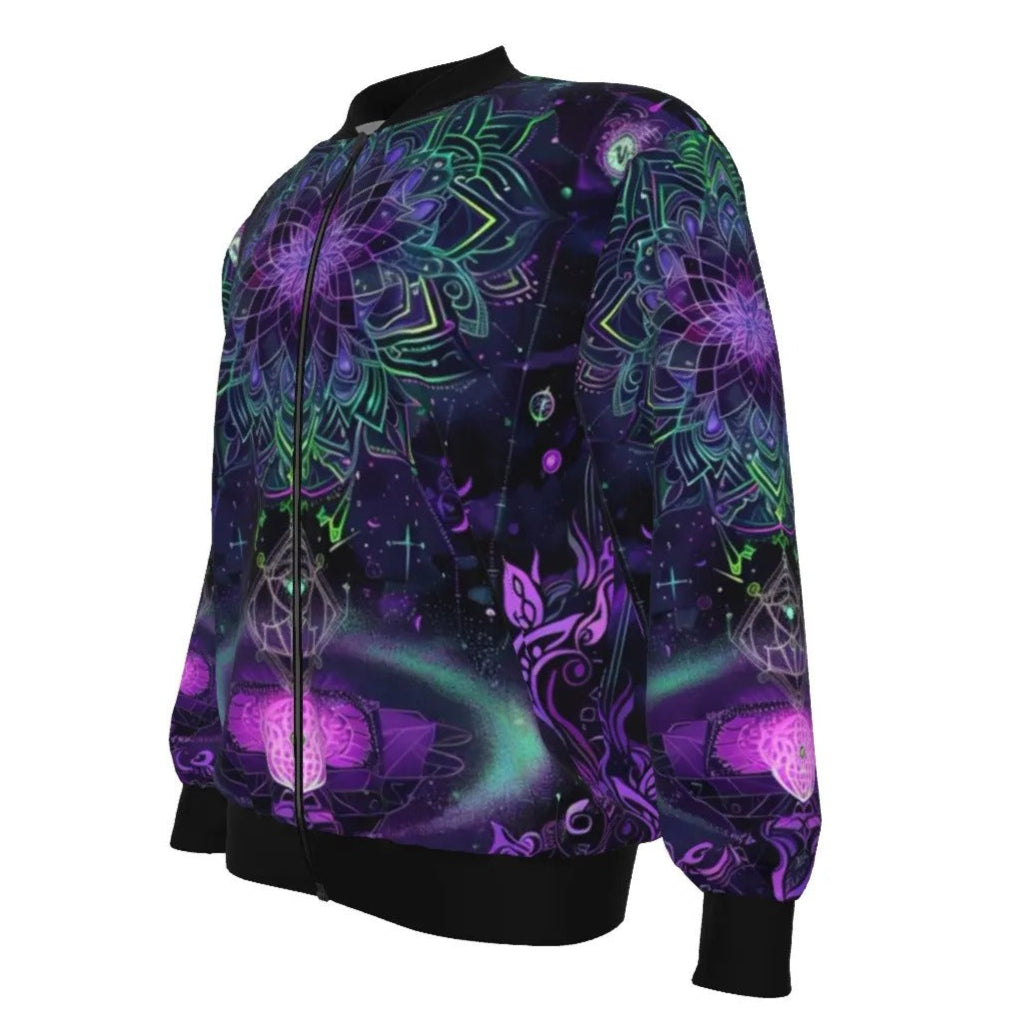 Mystic Aesthetic Women’s Bomber Jacket, Psychedelic Spiritual Zip Up, Festival Boho Wear, Vibrant Healing Clothing, Cosmic Symbol Fashion