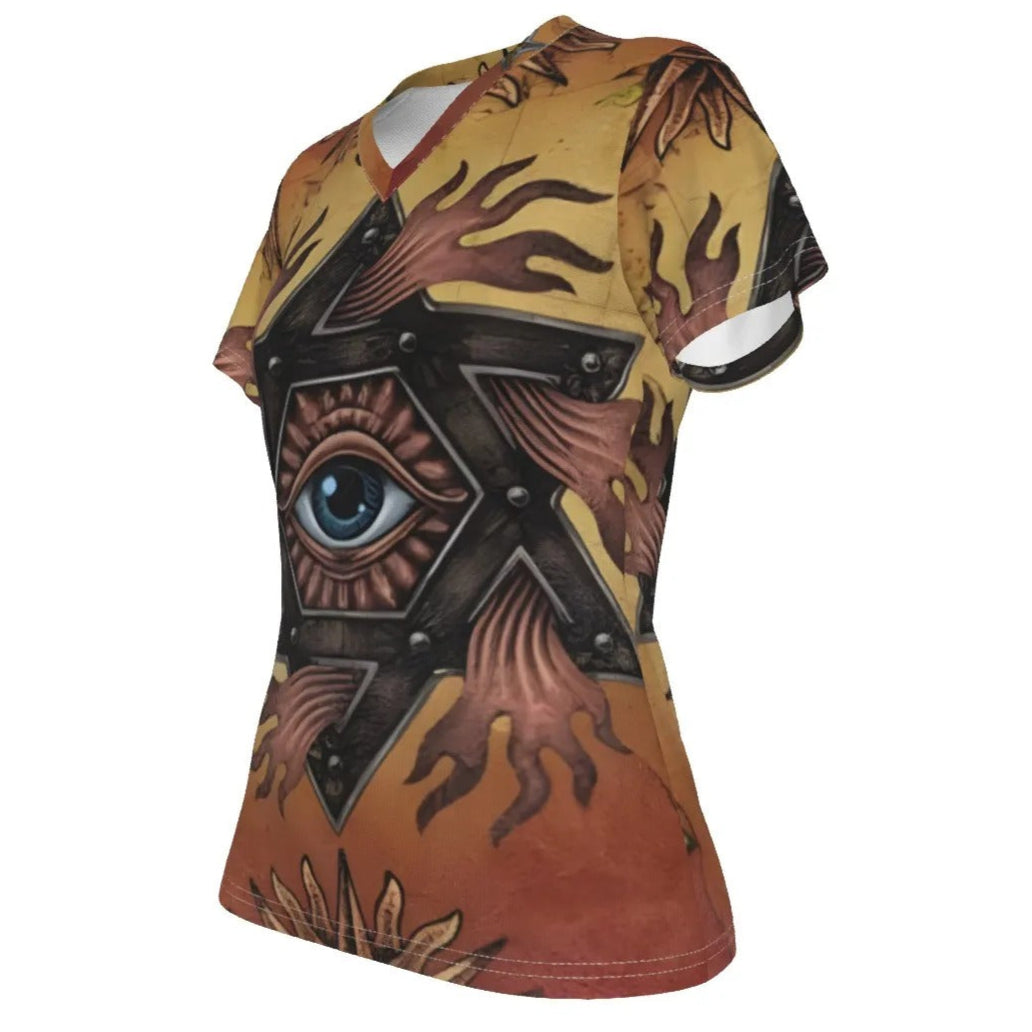 Mystic Mandala Women’s V-Neck Shirt, Sacred Geometry Eye Tee, Psychedelic Sun Top, Boho Spiritual Festival Wear