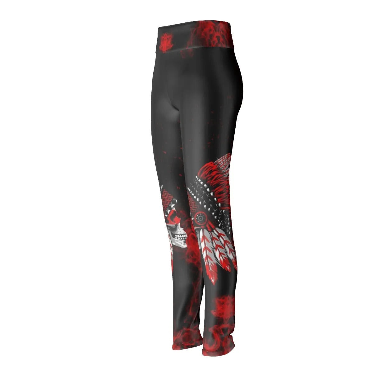 Native American Skull Leggings, Red Feather Headdress Yoga Pants, Tribal Gothic Activewear, Red Smoke Graphic Tights, Warrior Biker Style