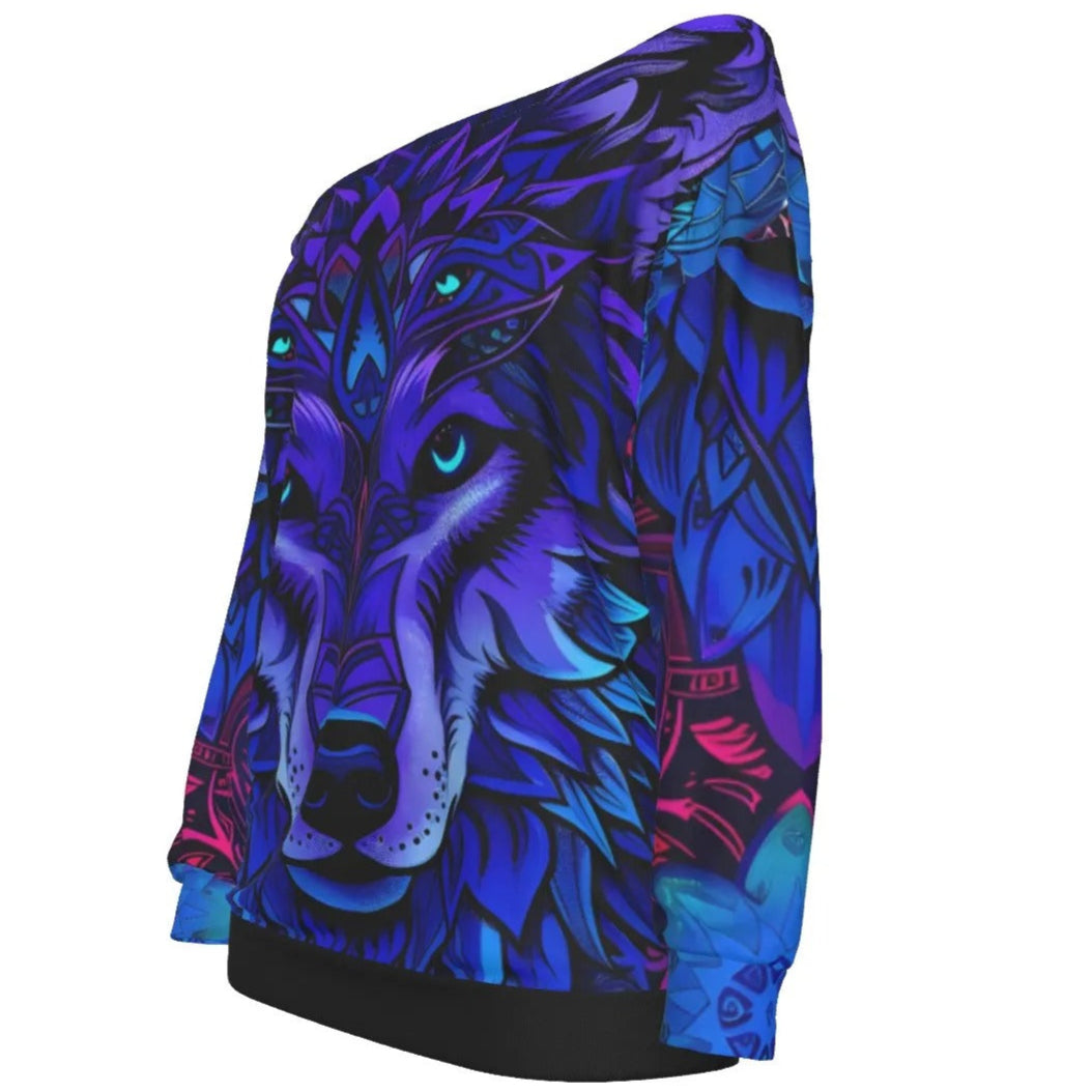 Wolf Mandala Off Shoulder Top, Women Sweatshirt, Spirit Animal Shirt, Blue Purple Wolf Art, Tribal Festival Clothing, Psychedelic Animal Top, Boho Mystic Fashion, Shamanic Wear