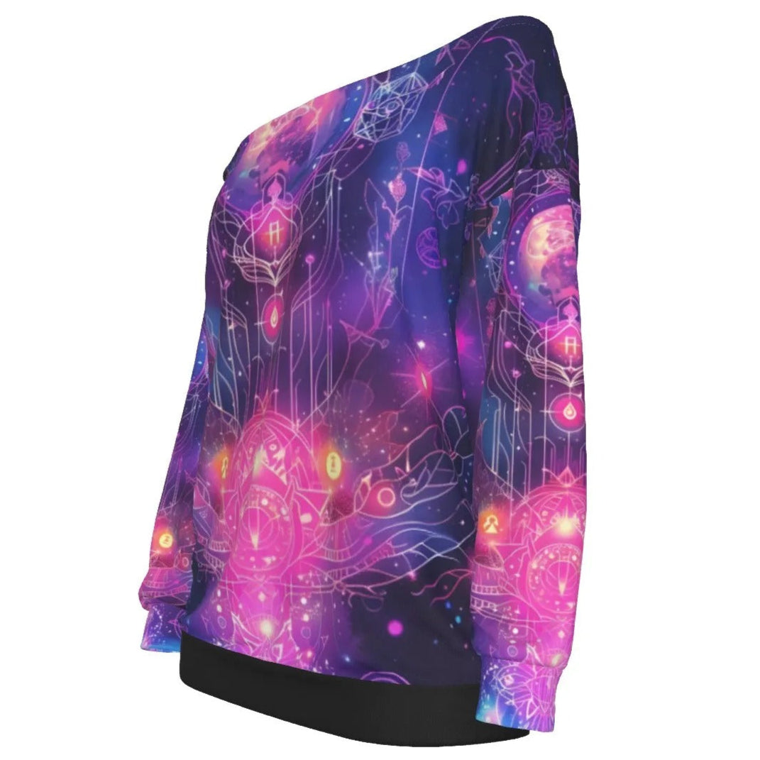 Cosmic Mysticism Off-Shoulder, Celestial Portal Energy Off-Shoulder, Astral Light Symbol Off - Shoulder, Vibrant Metaphysical Galaxy Off-Shoulder, Spiritual Geometry Off-Shoulder
