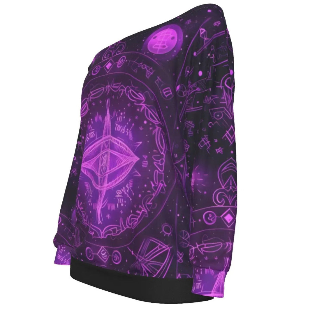 Mystical Fantasy Off-Shoulder, Arcane Magic Symbol Off-Shoulder, Witchcore Celestial Light Off-Shoulder, Vibrant Occult Energy Off-Shoulder, Esoteric Purple Spell Off-Shoulder