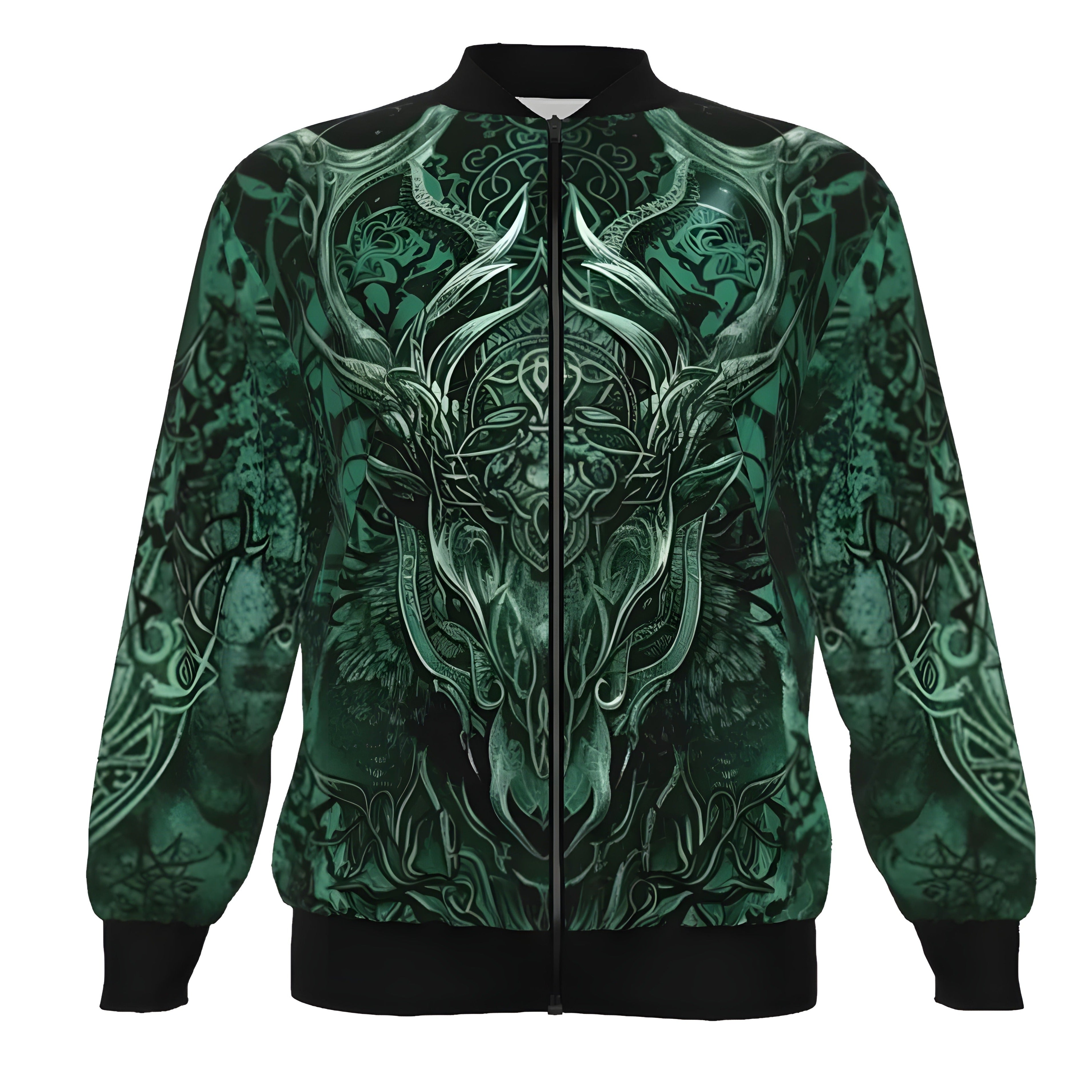 Viking Bomber Jacket, Norse Mythology Wolf Design, Viking Spirit Jacket, Fantasy Streetwear, Skull and Antler Graphic Jacket