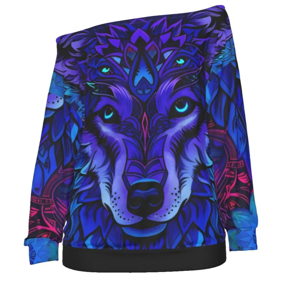 Wolf Mandala Off Shoulder Top, Women Sweatshirt, Spirit Animal Shirt, Blue Purple Wolf Art, Tribal Festival Clothing, Psychedelic Animal Top, Boho Mystic Fashion, Shamanic Wear