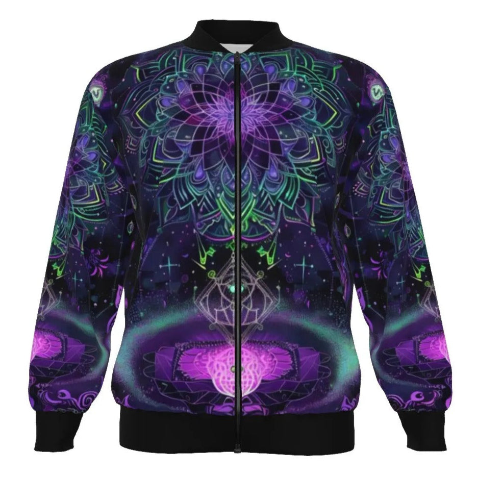 Mystic Aesthetic Women’s Bomber Jacket, Psychedelic Spiritual Zip Up, Festival Boho Wear, Vibrant Healing Clothing, Cosmic Symbol Fashion