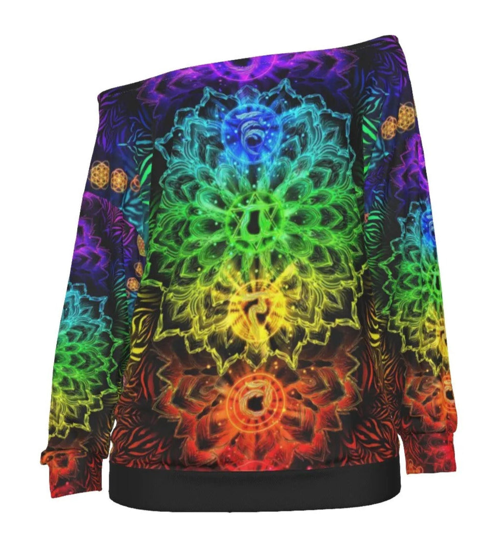 Sacred Chakra Mandala Off-Shoulder, Vibrant Rainbow Energy Healing Off-Shoulder, Spiritual Energy Symbol, Colorful Sacred Geometry Off-Shoulder, Mandala Off-Shoulder