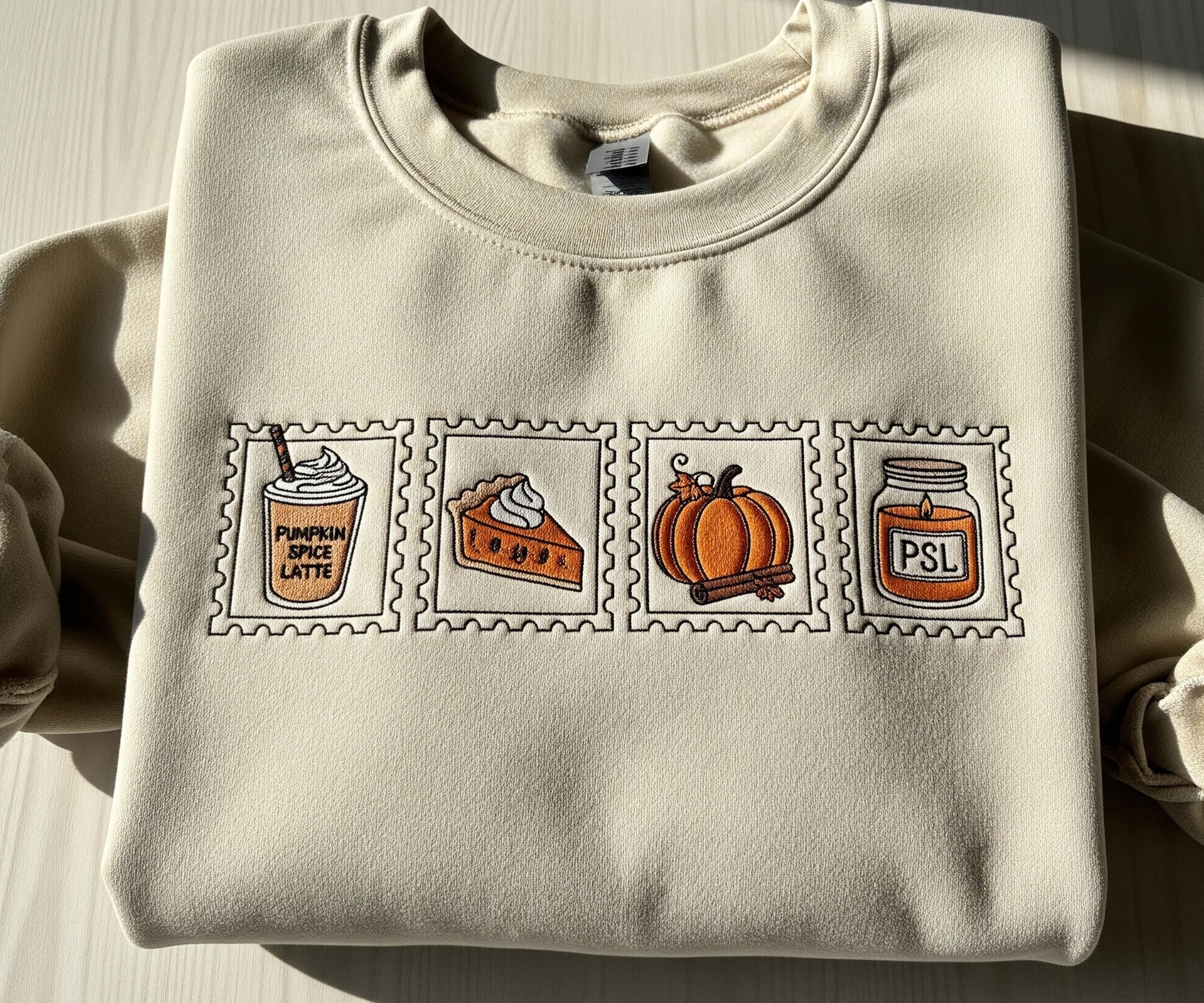 Embroidered Pumpkin Spice Postage Stamp Sweatshirt, Cozy Autumn Pumpkin Crewneck, Cute Spooky Season Shirt, Halloween Gifts EBAC17
