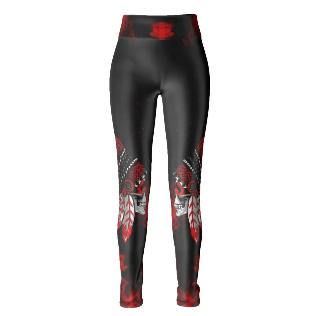 Native American Skull Leggings, Red Feather Headdress Yoga Pants, Tribal Gothic Activewear, Red Smoke Graphic Tights, Warrior Biker Style