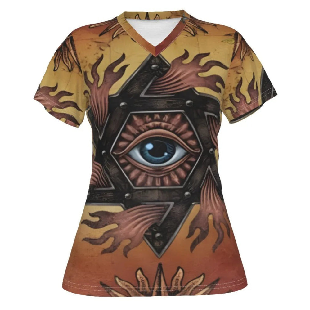 Mystic Mandala Women’s V-Neck Shirt, Sacred Geometry Eye Tee, Psychedelic Sun Top, Boho Spiritual Festival Wear