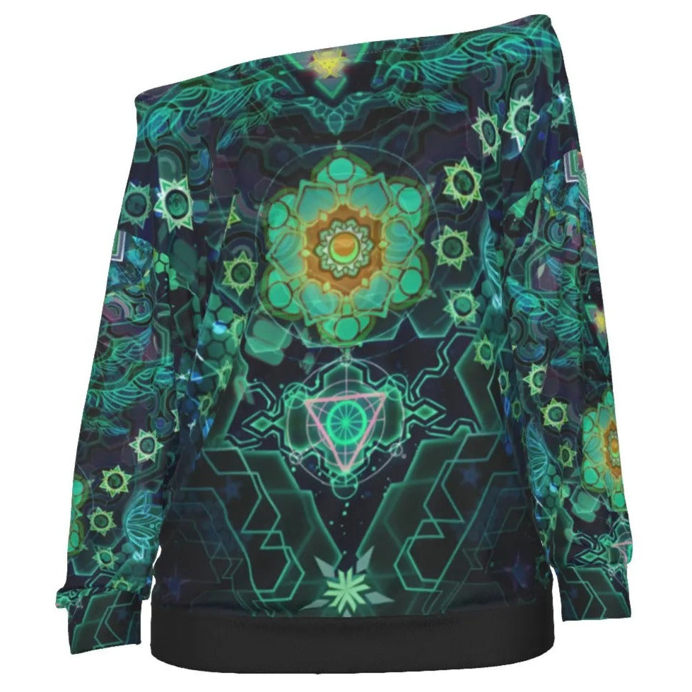 Yantric Geometry Off-Shoulder, Sacred Mandala Energy Coats, Mystic Geometric Light Off-Shoulder, Vibrant Spiritual Pattern Off-Shoulder, Celestial Yantra Off-Shoulder
