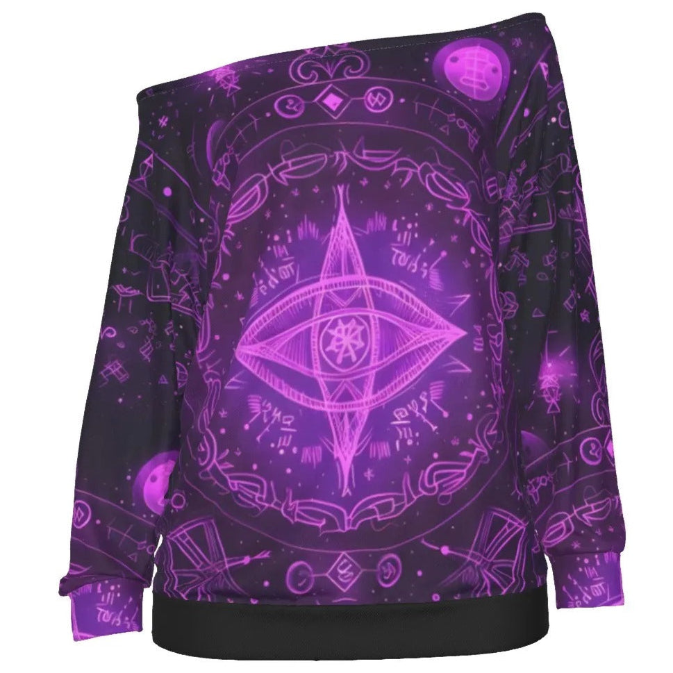 Mystical Fantasy Off-Shoulder, Arcane Magic Symbol Off-Shoulder, Witchcore Celestial Light Off-Shoulder, Vibrant Occult Energy Off-Shoulder, Esoteric Purple Spell Off-Shoulder