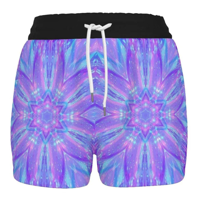 Kaleio Galaxy Women’s Shorts, Trippy Psychedelic Mandala Bottoms, Holographic Space Festival Wear, Cosmic Summer Rave Outfit