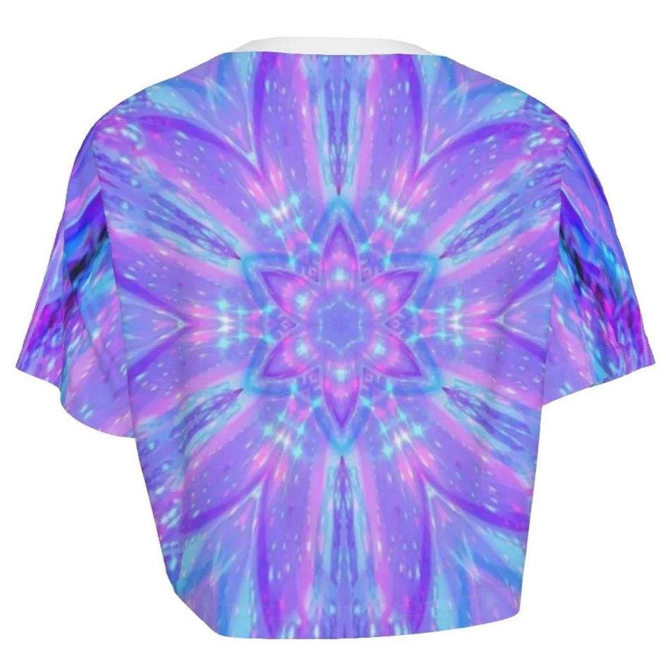 Kaleio Galaxy Crop Top, Trippy Psychedelic Space Shirt, Holographic Mandala Festival Top, Cosmic Rave Fashion for Women