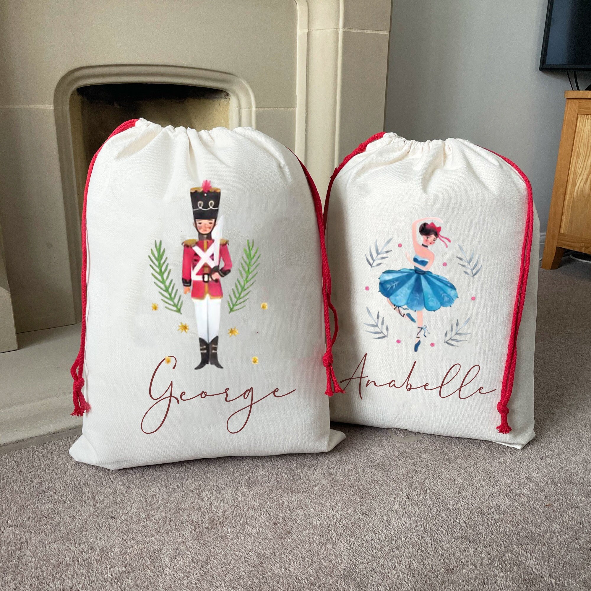Personalized Nutcracker Gift Bag, Christmas Santa Sack with Name, Ballerina & Toy Soldier Design, Custom Xmas Gift Bag for Kids & Family