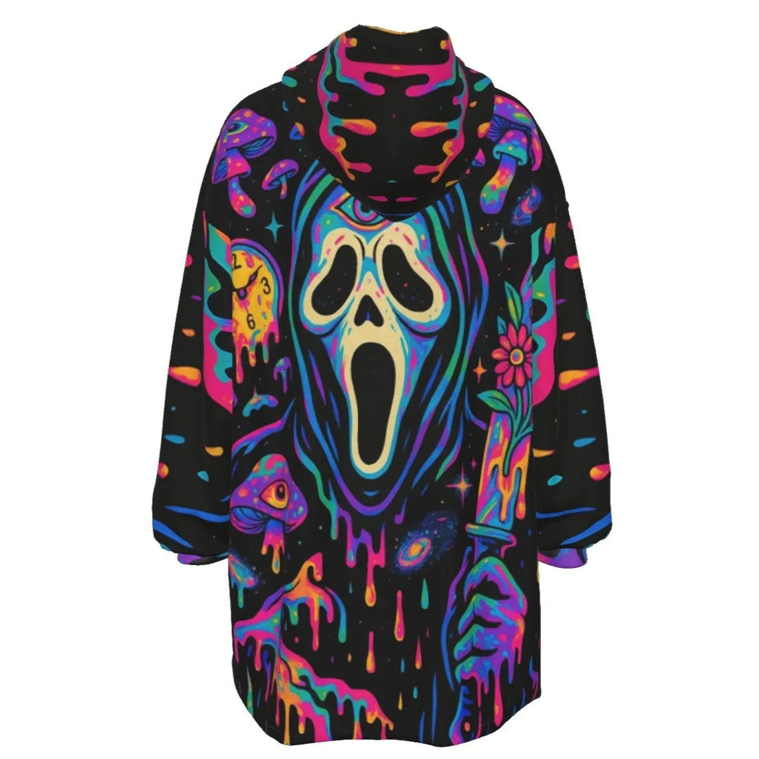 Psychedelic Halloween Costume Ideas Mushrooms Sherpa Fleece Hoodie, Neon Trippy Mushroom Cozy Trench Coat, Spooky Halloween Warm Wear, Horror Art Fashion