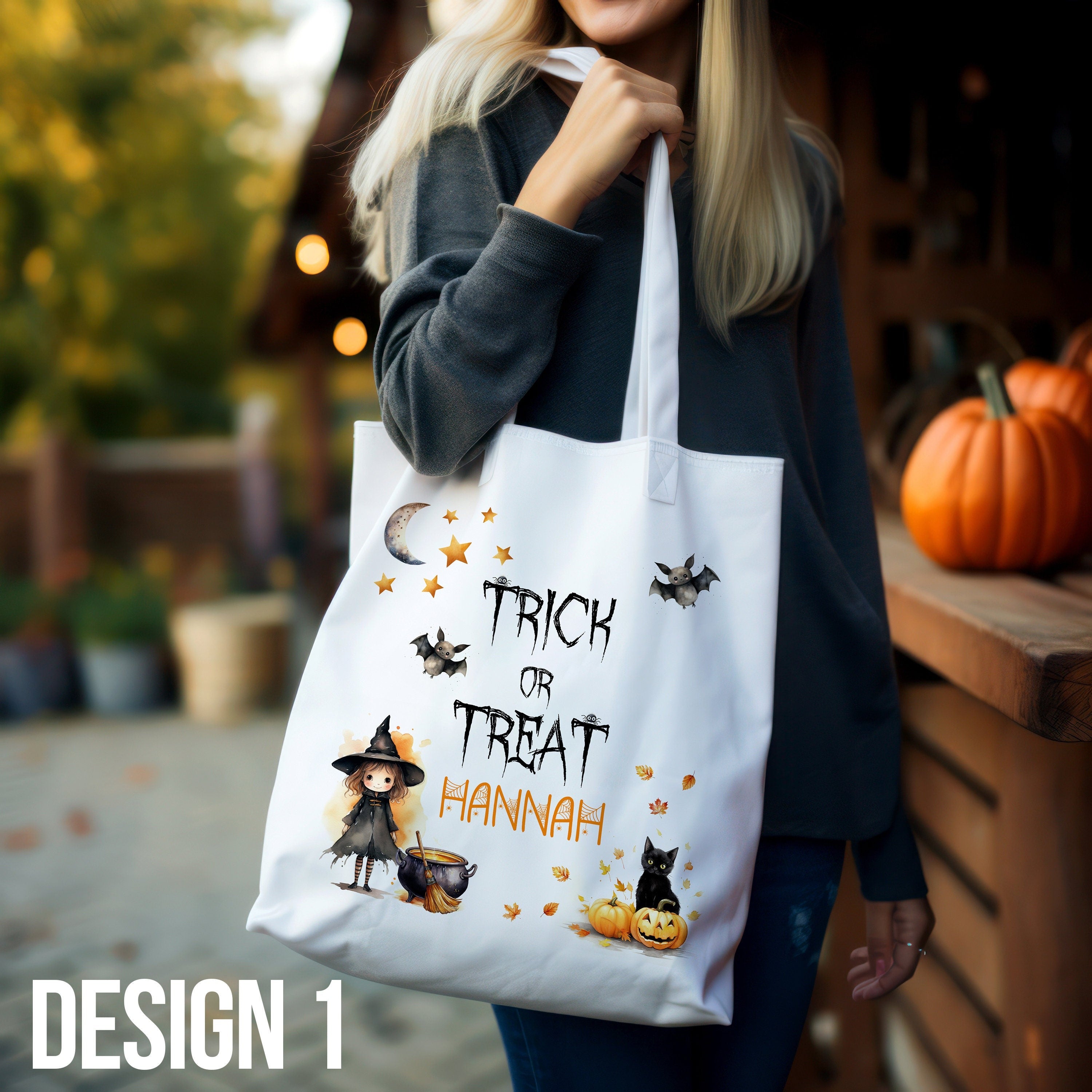 Custom Halloween Bag for Trick or Treat, Add Personalised Name Initials Present Gift Kids Spooky Scary Jack-O-Lantern Pumpkin Accessory