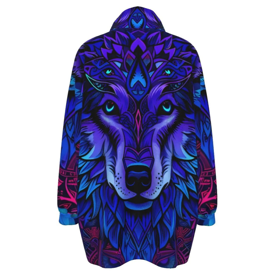 Wolf Mandala Coat, Coats Women, Spirit Animal Jacket, Blue Purple Wolf Art, Tribal Festival Clothing, Psychedelic Outerwear, Boho Mystic Fashion, Shamanic Wear
