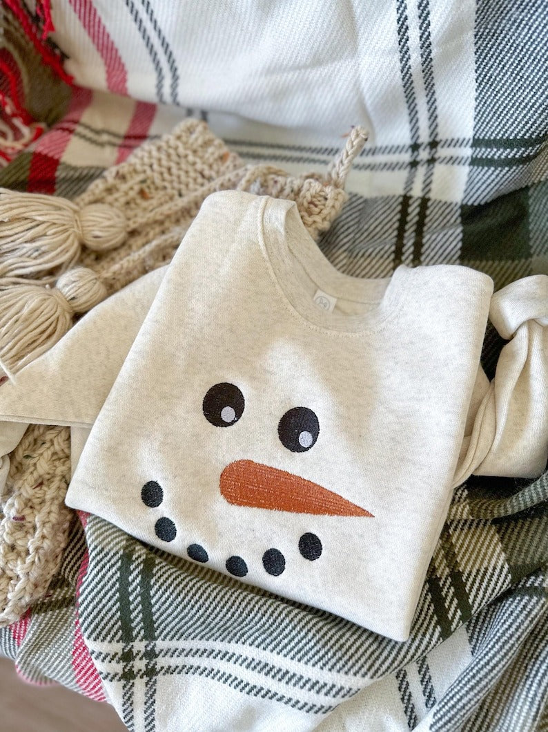 Embroidered Snowman Adult Sweatshirt, Holiday Sweater for Women, Cute Christmas Crewneck, Frosty, Holiday Christmas Pullover EBAC66