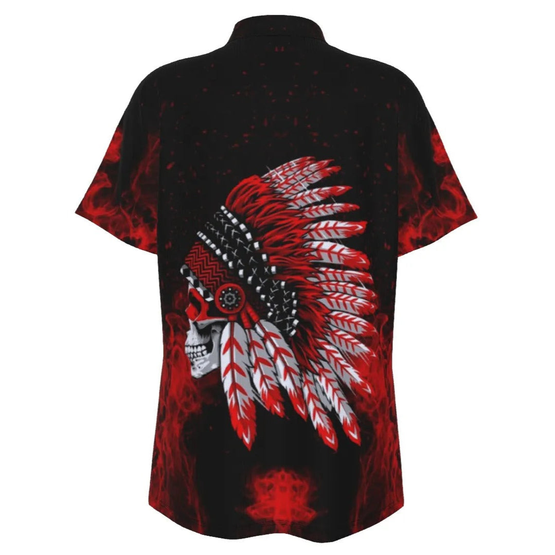 Native American Skull Women’s Polo, Red Feather Headdress Shirt, Tribal Gothic Top, Red Smoke Graphic Polo, Warrior Biker Style