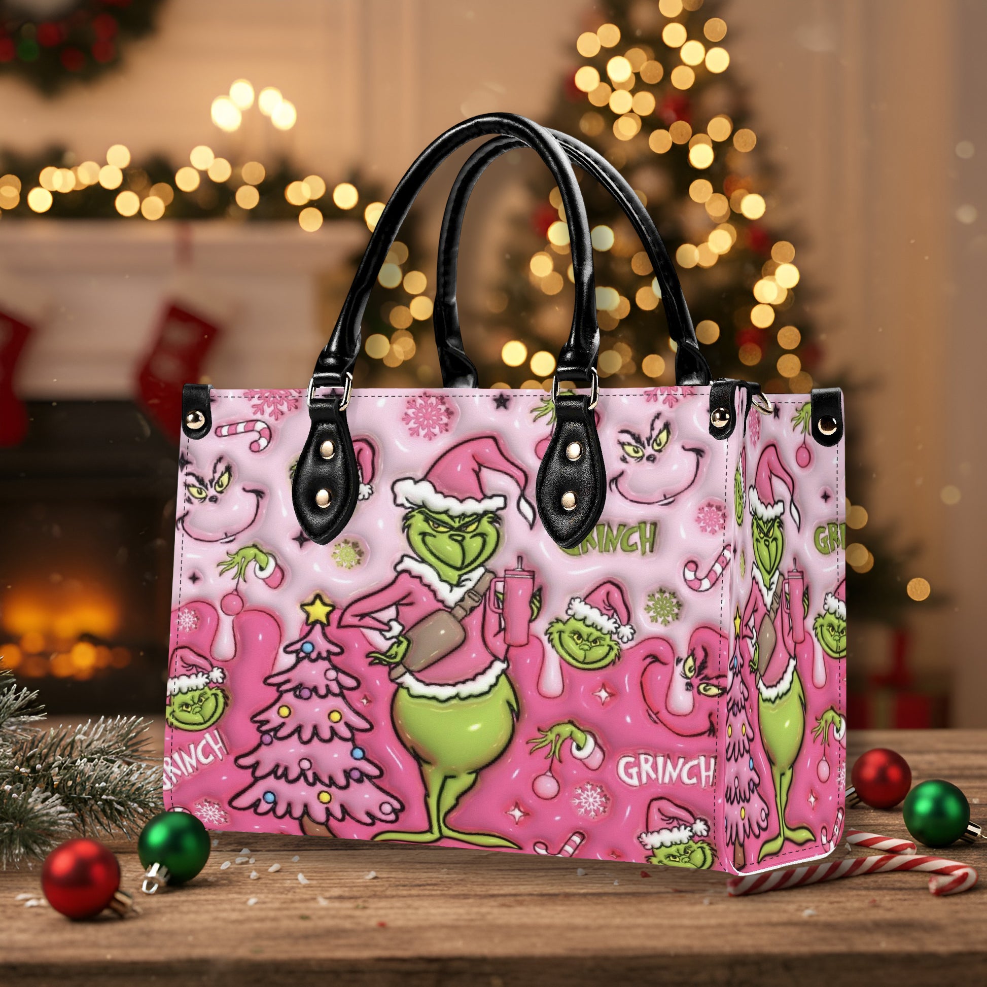 Pastel Pink Christmas Handbag, Holiday Cartoon Tote Bag, Festive Purse, Cute Winter Shoulder Bag