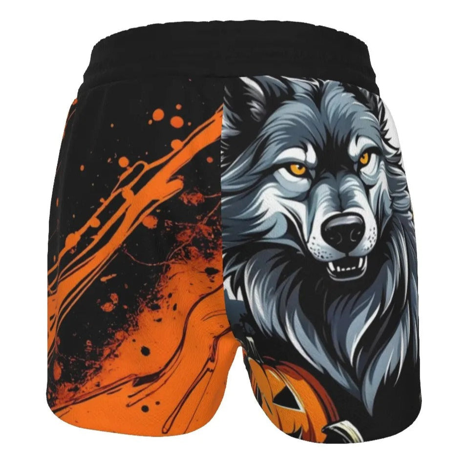 Howling Halloween Night Wolf Women’s Shorts, Spooky Pumpkin Bat Activewear, Gothic Halloween Bottoms, Autumn Wolf Fashion