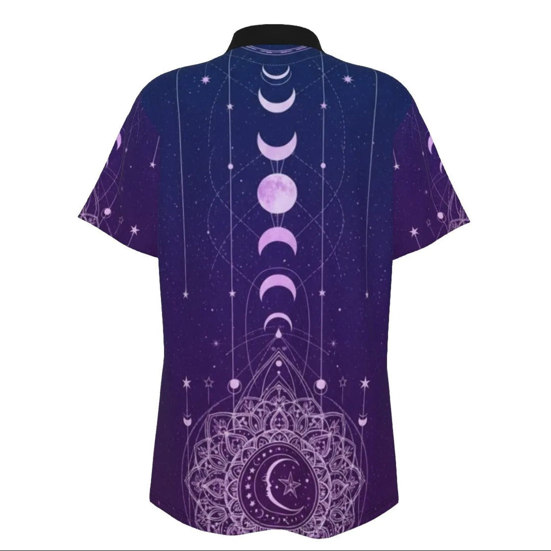 Mystic Lunar Mandala Women’s Polo, Moon Phase Spiritual Shirt, Celestial Lotus Polo Top, Sacred Geometry Cosmic Wear, Boho Mystic Style