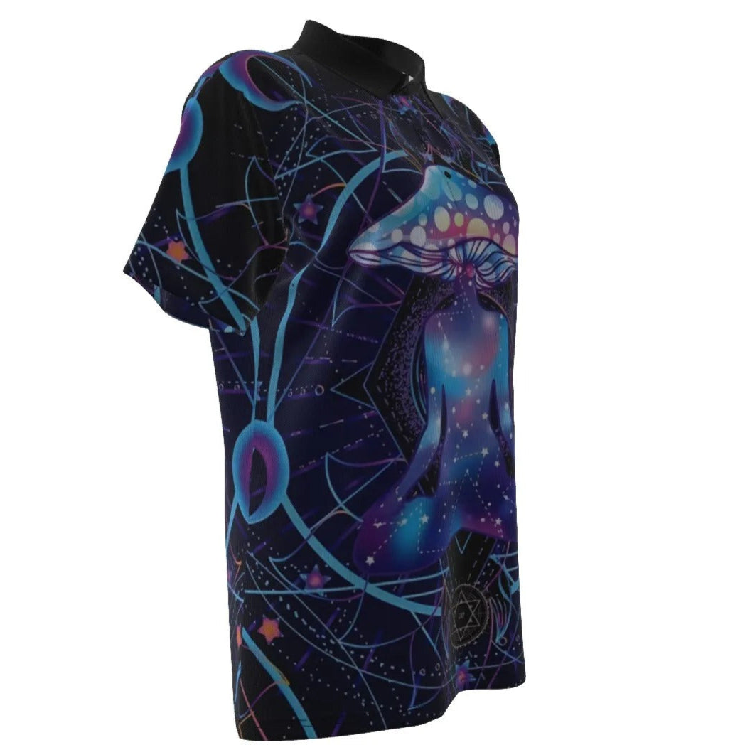 Mystic Mushroom Awakening Women’s Polo, Psychedelic Spiritual Shirt, Cosmic Mushroom Polo Top, Visionary Art Fashion Wear, Boho Mystic Style