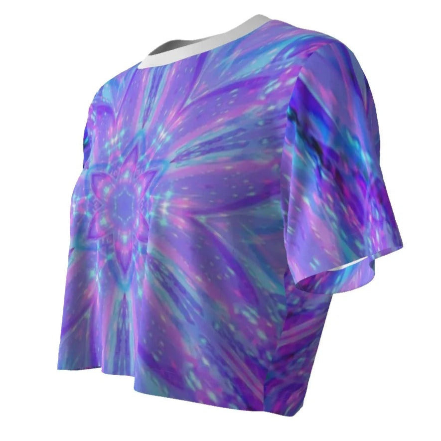 Kaleio Galaxy Crop Top, Trippy Psychedelic Space Shirt, Holographic Mandala Festival Top, Cosmic Rave Fashion for Women
