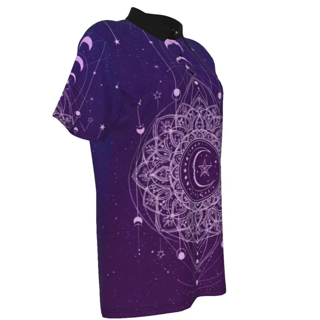 Mystic Lunar Mandala Women’s Polo, Moon Phase Spiritual Shirt, Celestial Lotus Polo Top, Sacred Geometry Cosmic Wear, Boho Mystic Style