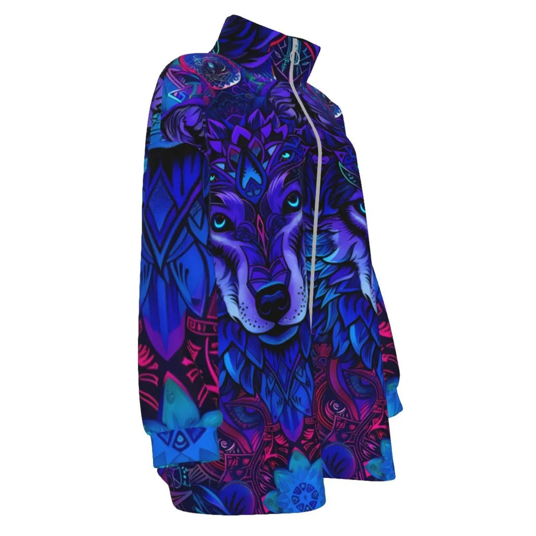 Wolf Mandala Coat, Coats Women, Spirit Animal Jacket, Blue Purple Wolf Art, Tribal Festival Clothing, Psychedelic Outerwear, Boho Mystic Fashion, Shamanic Wear