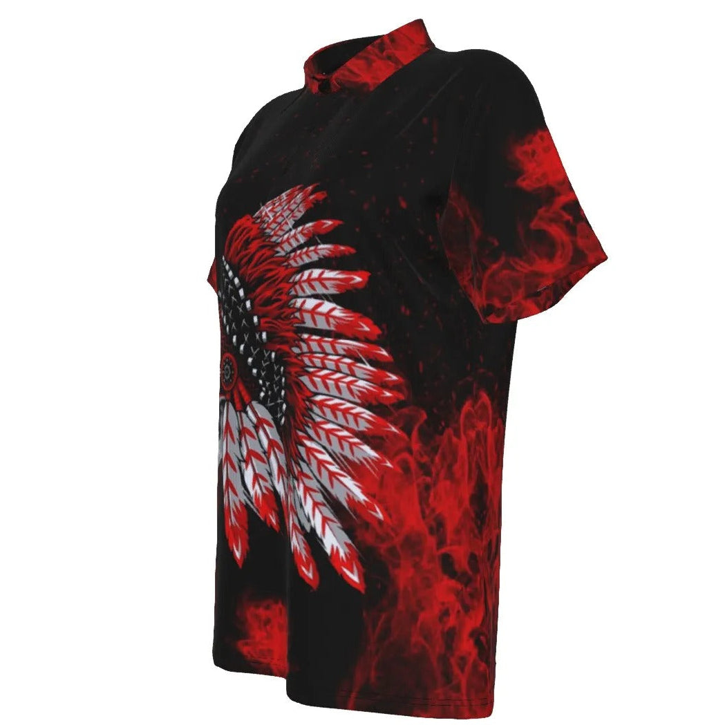 Native American Skull Women’s Polo, Red Feather Headdress Shirt, Tribal Gothic Top, Red Smoke Graphic Polo, Warrior Biker Style