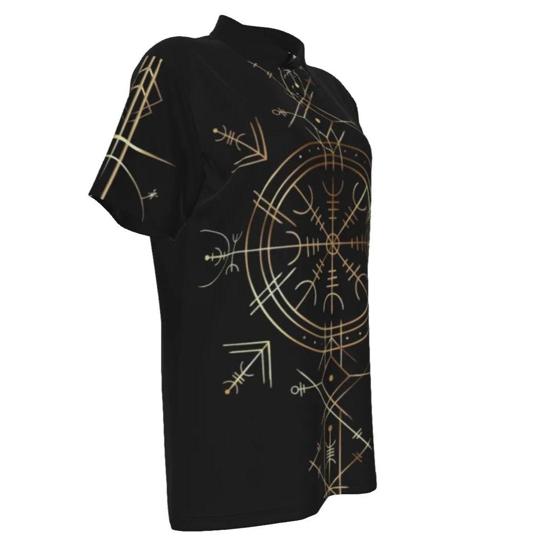 Viking Vegvisir Mysticism Women’s Polo, Norse Compass Viking Shirt, Nordic Rune Spiritual Fashion, Viking Sacred Geometry Polo Top
