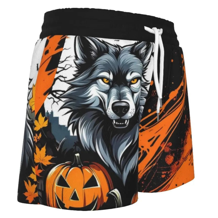 Howling Halloween Costumes Night Wolf Women’s Shorts, Spooky Pumpkin Bat Activewear, Gothic Halloween Bottoms, Halloween Horror Nights
