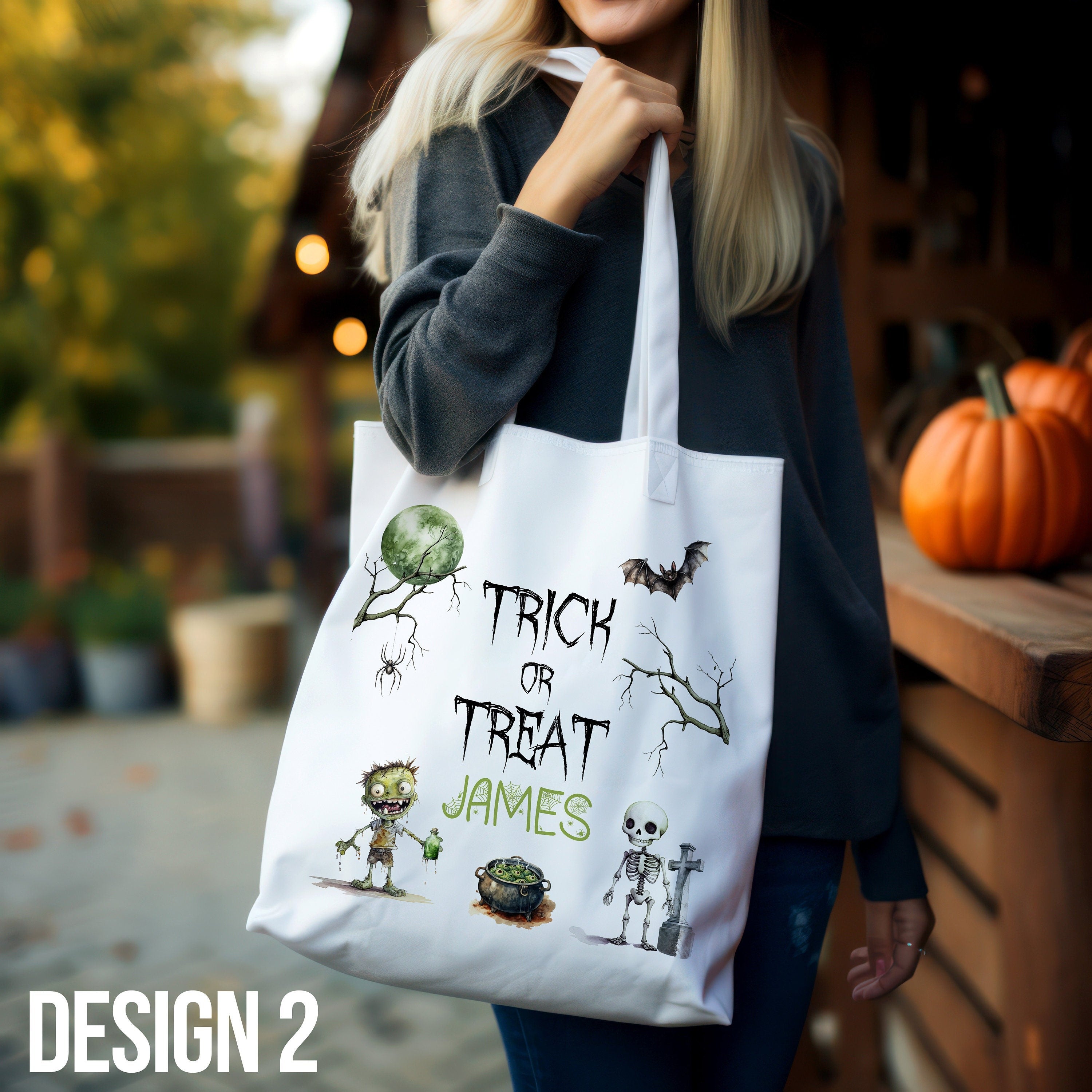 Custom Halloween Bag for Trick or Treat, Add Personalised Name Initials Present Gift Kids Spooky Scary Jack-O-Lantern Pumpkin Accessory