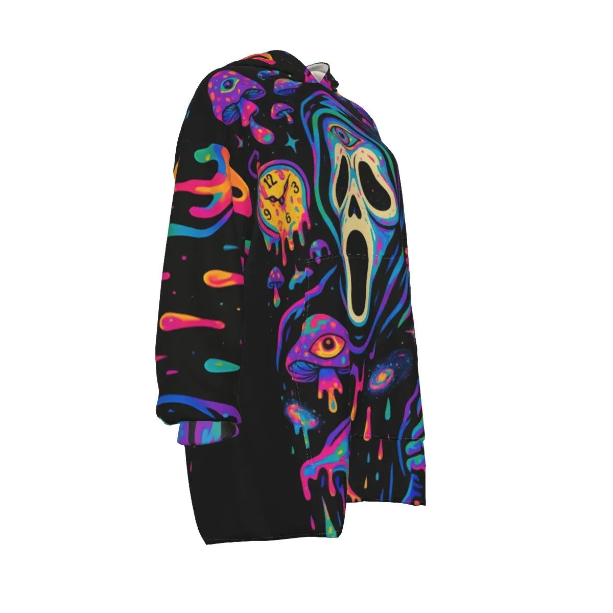 Psychedelic Halloween Costume Ideas Mushrooms Sherpa Fleece Hoodie, Neon Trippy Mushroom Cozy Trench Coat, Spooky Halloween Warm Wear, Horror Art Fashion