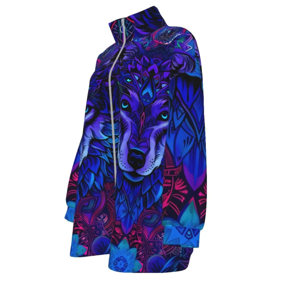 Wolf Mandala Coat, Coats Women, Spirit Animal Jacket, Blue Purple Wolf Art, Tribal Festival Clothing, Psychedelic Outerwear, Boho Mystic Fashion, Shamanic Wear