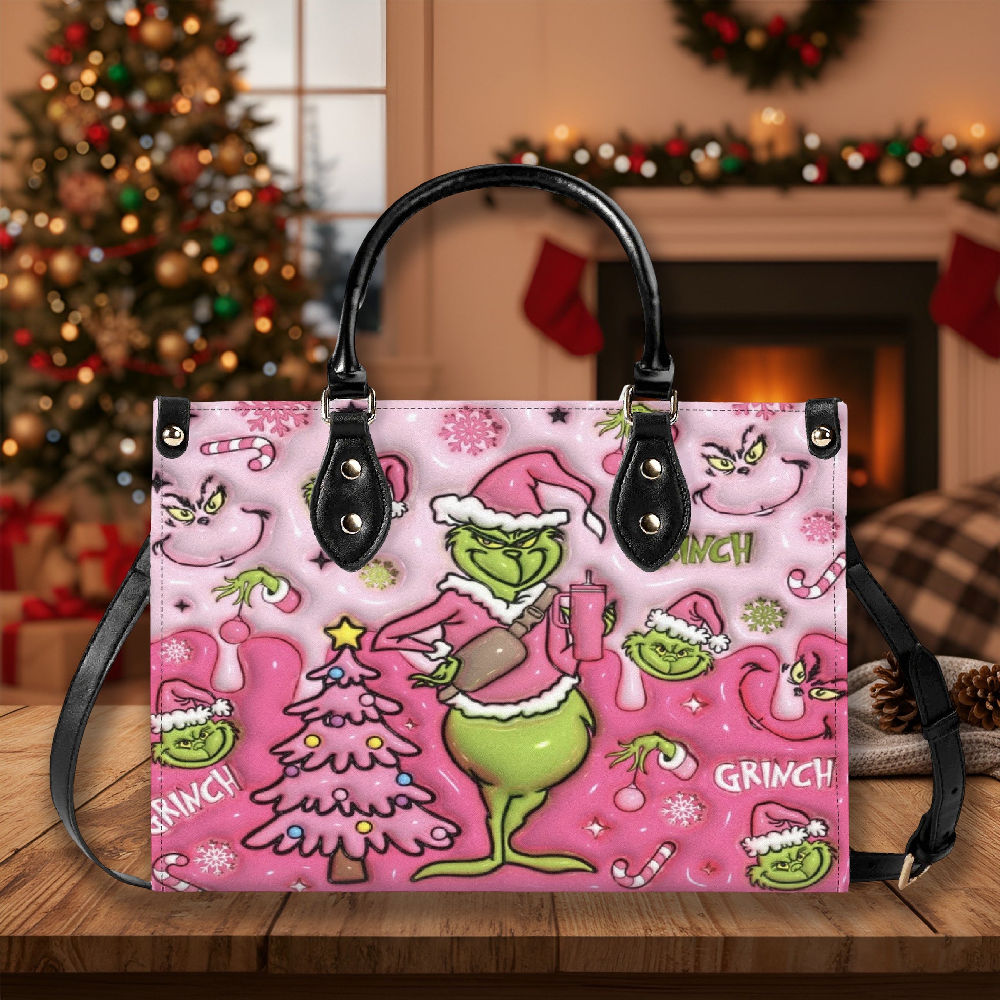 Pastel Pink Christmas Handbag, Holiday Cartoon Tote Bag, Festive Purse, Cute Winter Shoulder Bag