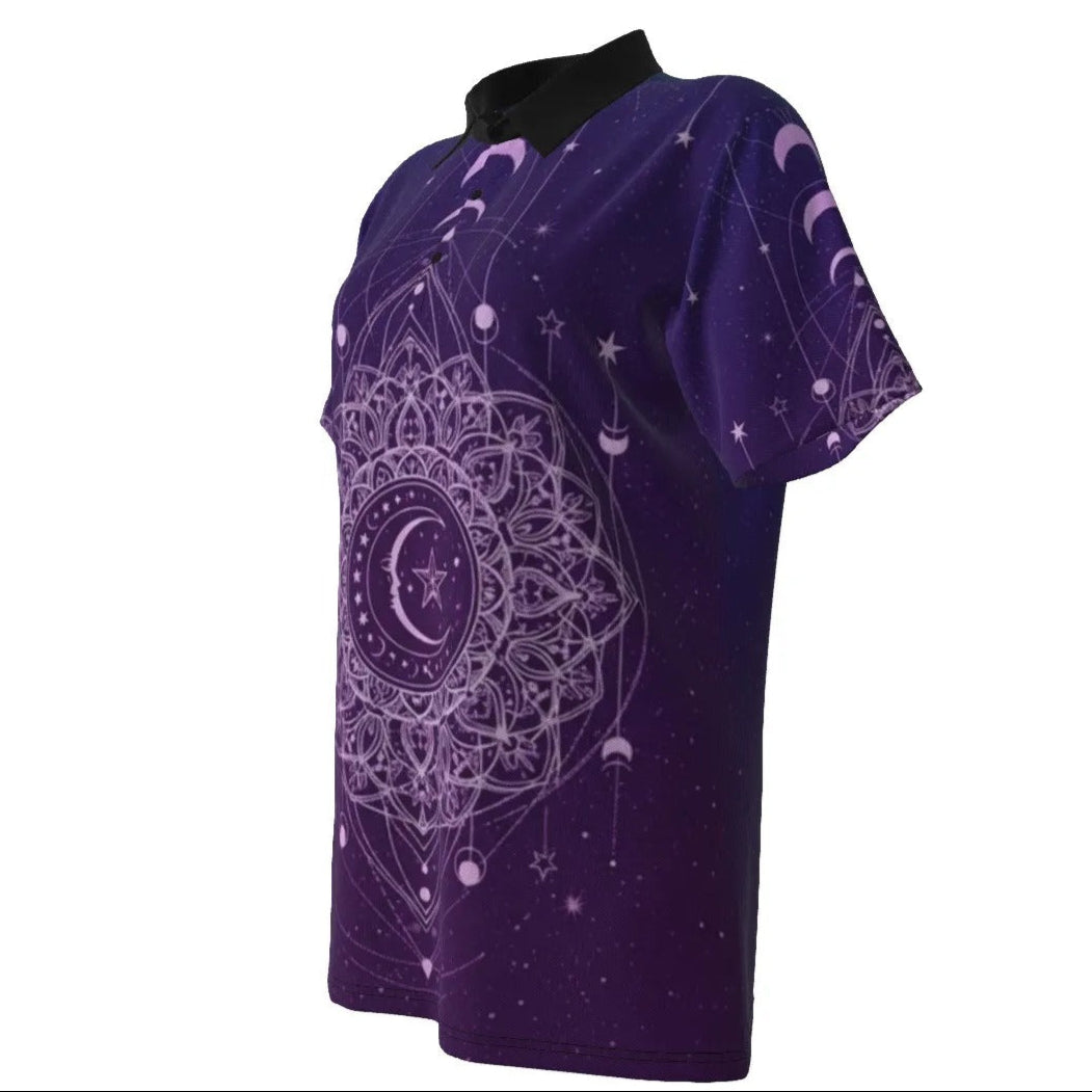Mystic Lunar Mandala Women’s Polo, Moon Phase Spiritual Shirt, Celestial Lotus Polo Top, Sacred Geometry Cosmic Wear, Boho Mystic Style
