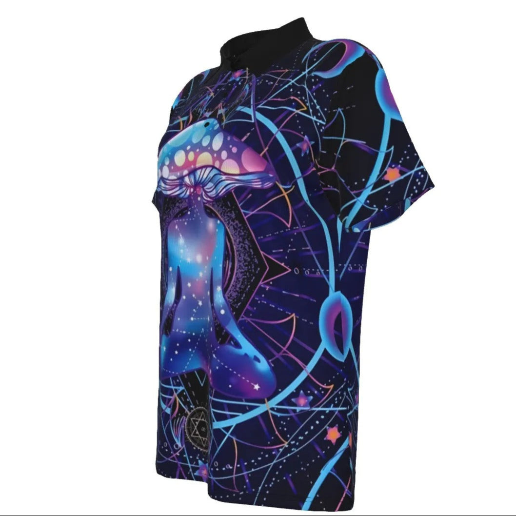 Mystic Mushroom Awakening Women’s Polo, Psychedelic Spiritual Shirt, Cosmic Mushroom Polo Top, Visionary Art Fashion Wear, Boho Mystic Style