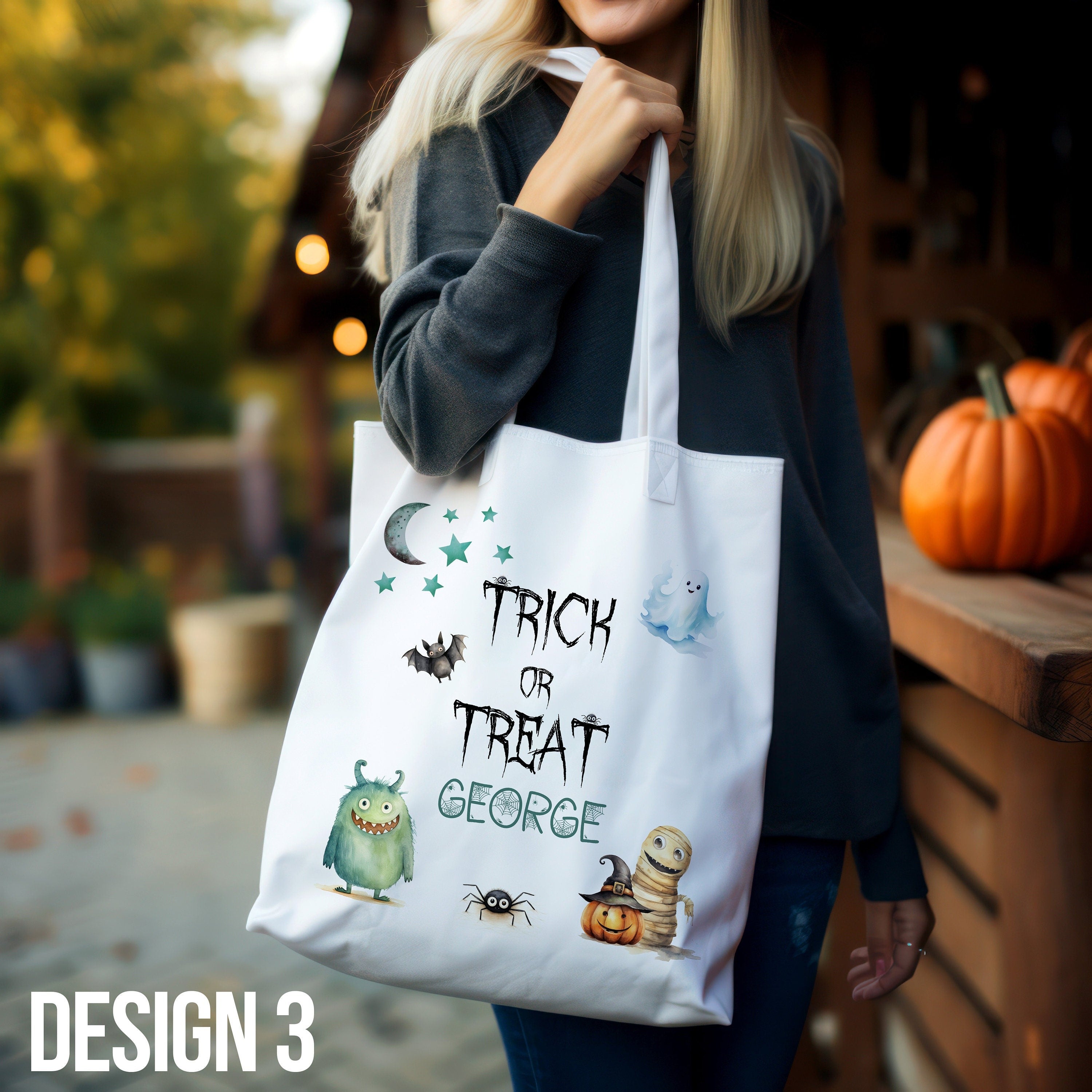 Custom Halloween Bag for Trick or Treat, Add Personalised Name Initials Present Gift Kids Spooky Scary Jack-O-Lantern Pumpkin Accessory