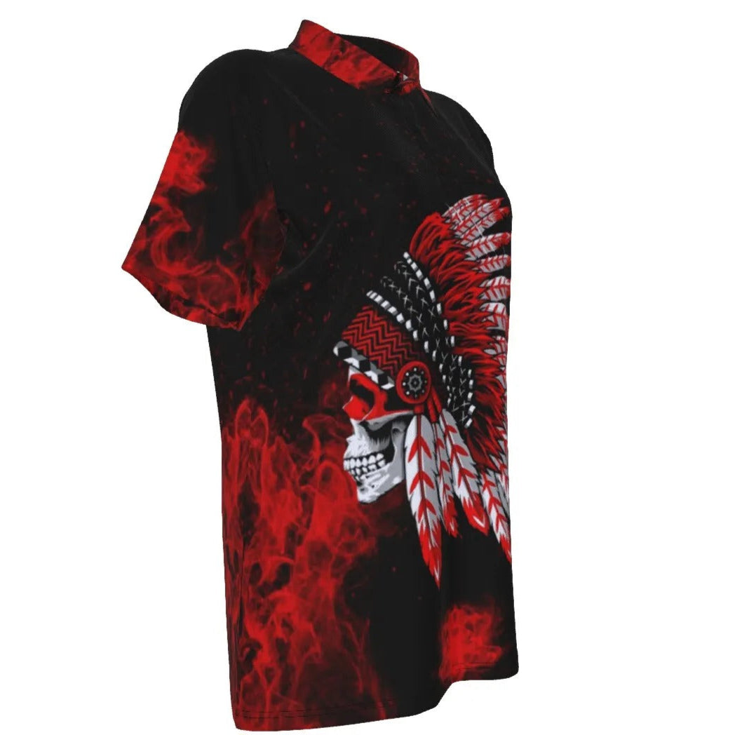 Native American Skull Women’s Polo, Red Feather Headdress Shirt, Tribal Gothic Top, Red Smoke Graphic Polo, Warrior Biker Style
