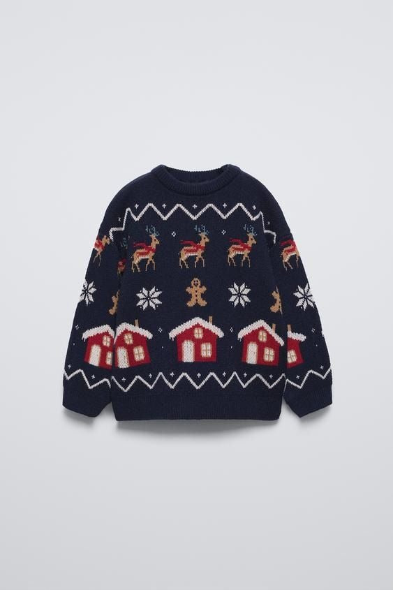 Christmas Reindeer Sweater Women, Navy Blue Knit Holiday Jumper with Cabin & Snowflake, Festive Winter Ugly Christmas Sweater Outfit