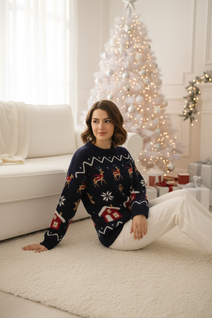 Christmas Reindeer Sweater Women, Navy Blue Knit Holiday Jumper with Cabin & Snowflake, Festive Winter Ugly Christmas Sweater Outfit